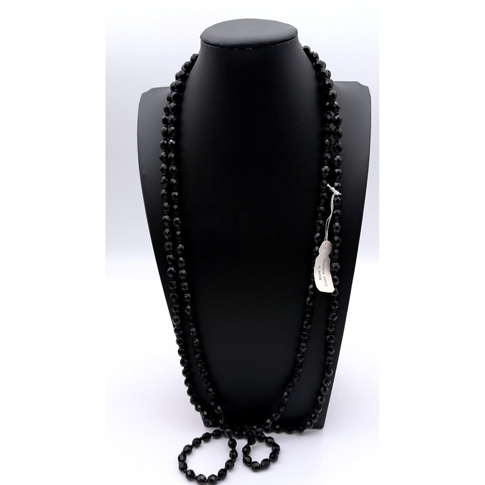 Czech Republic Black Faceted Glass Bead Long Strand Necklace 36 Inch